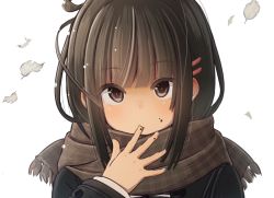 Rule 34 | 1girl, black hair, black jacket, brown eyes, brown scarf, chocolate, chocolate on face, chocolate on hand, closed mouth, commentary request, falling leaves, finger in own mouth, food, food on face, food on hand, fringe trim, fujisaki yuu, hair ornament, hairclip, hand up, jacket, leaf, long hair, long sleeves, looking at viewer, original, plaid, plaid scarf, scarf, simple background, solo, upper body, white background