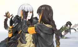 Rule 34 | 3girls, absurdres, black gloves, black jacket, braid, braided ponytail, brown eyes, brown hair, eyepatch, girls&#039; frontline, gloves, hand on own face, highres, jacket, looking at another, m16a1 (boss) (girls&#039; frontline), m16a1 (girls&#039; frontline), m4a1 (girls&#039; frontline), m4a1 (mod3) (girls&#039; frontline), mod3 (girls&#039; frontline), multicolored hair, multiple girls, open mouth, orange eyes, sgholln, silver hair, simple background, sitting, smoke, standing, talking