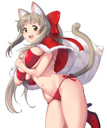 Rule 34 | 1girl, :d, absurdres, animal ears, arukiru, bikini, bow, breasts, brown eyes, brown hair, capelet, cat ears, cat girl, cat tail, christmas, commentary request, hair bow, highres, large breasts, long hair, looking at viewer, navel, open mouth, original, ponytail, red bikini, red bow, red capelet, red footwear, shoes, side-tie bikini bottom, simple background, smile, swimsuit, tail, teeth, thighs, upper teeth only, white background