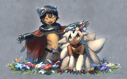 Rule 34 | 1boy, 1girl, :d, ^ ^, brown hair, cape, claws, closed eyes, commentary, dark skin, extra arms, facial mark, faputa, flower, fur, hair between eyes, hair flower, hair ornament, helmet, made in abyss, mechanical arms, multiple tails, navel, open mouth, outstretched arms, red cape, regu (made in abyss), signature, smile, spread arms, tail, welt (kinsei koutenkyoku), white fur, white hair, yellow eyes