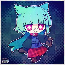 Rule 34 | + +, 1girl, :3, animal ears, aqua hair, artist name, bandaid, bandaid on face, bandaid on nose, blue bow, blue shirt, boots, border, bow, bright pupils, brown footwear, brown gloves, checkered background, chibi, collar, colored skin, commission, commissioner name, funamusea (artist), gloves, hair ornament, hairclip, highres, long hair, long sleeves, original, outline, pink eyes, plaid, plaid skirt, red collar, shirt, skeb commission, skirt, solo, star (symbol), white border, white outline, white pupils, white skin