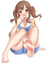 Rule 34 | 1girl, artist request, blouse, blush, breasts, brown eyes, brown hair, cleavage, feet, foot focus, full body, glint, halterneck, heart, heart necklace, highres, idolmaster, idolmaster cinderella girls, jewelry, large breasts, looking at viewer, necklace, shirt, shorts, simple background, sitting, smile, soles, solo, toes, totoki airi, twintails, white background, yellow shirt