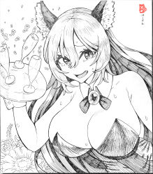Rule 34 | 1girl, absurdres, animal ear fluff, animal ears, breasts, cleavage, commentary request, cup, detached collar, drinking glass, flower, greyscale, hair between eyes, highres, holding, holding tray, imaizumi kagerou, ke-su, large breasts, leotard, long hair, looking at viewer, monochrome, open mouth, solo, sweat, touhou, tray, upper body, wolf ears, wolf girl, wrist cuffs