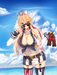 Rule 34 | 10s, 1girl, bare shoulders, blonde hair, blue eyes, breasts, bustier, cleavage, coca-cola, cowboy shot, elbow gloves, unworn eyewear, fingerless gloves, front-tie top, garter straps, glasses, gloves, hair between eyes, headgear, holding, holding removed eyewear, iowa (kancolle), kantai collection, large breasts, leaning forward, long hair, looking at viewer, miniskirt, product placement, sirturner, skirt, smile, solo, standing, star-shaped pupils, star (symbol), sunglasses, symbol-shaped pupils, thighhighs, zettai ryouiki