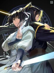 Rule 34 | 2boys, back-to-back, black background, black hair, black hanbok, brown eyes, closed mouth, expressionless, glowing, glowing sword, glowing weapon, hair ribbon, hair tie, half updo, hanbok, high ponytail, highres, holding, holding paper, holding sword, holding weapon, jinhongi, korean clothes, korean commentary, long hair, long sleeves, looking at another, looking at viewer, male focus, multiple boys, paper, ribbon, seol young, shrimpkk, smile, standing, sword, talisman, upper body, weapon, white hanbok, white ribbon, yellow eyes, zaha