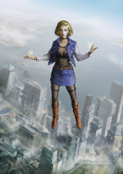 Rule 34 | 1girl, absurdres, android 18, blonde hair, bra, city, denim, denim skirt, dragon ball, dragonball z, energy ball, floating, highres, jacket, looking at viewer, midair, realistic, short hair, skirt, solo, tong zhuo, underwear