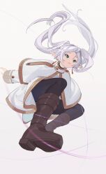Rule 34 | 1girl, black leggings, brown footwear, cic tatsumi, dress, earrings, elf, frieren, from below, highres, jewelry, leggings, midair, pantyhose, pointy ears, solo, sousou no frieren, twintails, white background, white dress, white hair