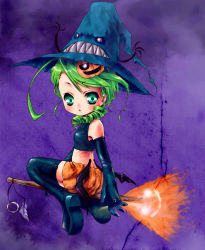 Rule 34 | 00s, 1girl, :o, bare shoulders, black gloves, blush, broom, broom riding, elbow gloves, full body, gloves, green eyes, green hair, halloween, hat, kanaria, looking at viewer, matching hair/eyes, parted lips, pokomi, purple background, rozen maiden, short hair, simple background, sitting, solo, straddling, witch hat