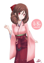Rule 34 | 1girl, artist logo, bow, brown hair, character name, commentary request, drill hair, hair bow, hakama, hakama skirt, harukaze (kancolle), highres, japanese clothes, kantai collection, kimono, leaning forward, looking at viewer, meiji schoolgirl uniform, pink kimono, red bow, red eyes, red hakama, revision, simple background, skirt, solo, t2r, twin drills, white background