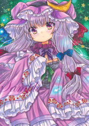 Rule 34 | 1girl, blue bow, blush, bow, bowtie, breasts, closed mouth, crescent, crescent hat ornament, dress, frilled hat, frilled sleeves, frills, green background, green ribbon, hair between eyes, hair bow, hat, hat ornament, head tilt, light purple hair, long hair, long sleeves, looking at viewer, marker (medium), medium breasts, mob cap, patchouli knowledge, purple bow, purple bowtie, purple dress, purple eyes, purple hat, red bow, ribbon, rui (sugar3), sample watermark, solo, star (symbol), touhou, traditional media, watermark, wide sleeves