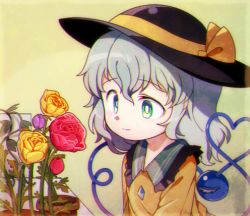 Rule 34 | 1girl, black hat, child, closed mouth, cropped torso, female focus, flat chest, flower, frilled shirt, frills, green background, green eyes, green hair, happy, hat, hat ribbon, heart, heart of string, komeiji koishi, long sleeves, lotosu, lowres, medium hair, plant, potted plant, purple flower, purple rose, red flower, red rose, ribbon, rose, shirt, sidelocks, simple background, smile, solo, third eye, touhou, upper body, vines, yellow flower, yellow ribbon, yellow rose, yellow shirt