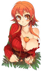 Rule 34 | 1girl, areola slip, bare shoulders, bell, between breasts, blush, breasts, cleavage, covered erect nipples, food, food between breasts, food on body, food on breasts, fruit, jingle bell, kusanagi tonbo, large breasts, looking at viewer, nipples, no bra, oppai mochi, orange (fruit), orange hair, original, parted lips, simple background, smile, solo, upper body, white background
