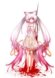 Rule 34 | 10s, 1girl, animal ears, arms behind back, barefoot, blood, choker, dress, hong (white spider), kyubey, long hair, mahou shoujo madoka magica, mahou shoujo madoka magica (anime), personification, red eyes, see-through, silver hair, smile, solo, strapless, strapless dress, twintails, very long hair