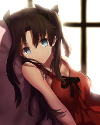 Rule 34 | 1girl, black hair, blue eyes, fate/stay night, fate (series), gradient background, long hair, looking at viewer, mashima saki (mashimasa), smile, solo, striped, striped background, tohsaka rin, two side up