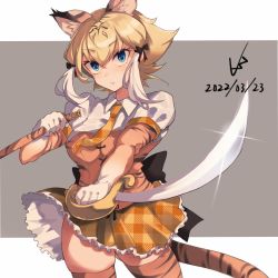 Rule 34 | 1girl, absurdres, animal ears, animal print, blonde hair, blue eyes, breasts, closed mouth, cutlass, cutlass, dated, elbow gloves, expressionless, gloves, highres, holding, holding sword, holding weapon, iparupua, kemono friends, looking at viewer, medium breasts, necktie, orange necktie, short hair, short sleeves, signature, smilodon (kemono friends), solo, sword, tail, thighhighs, tiger ears, tiger print, tiger tail, weapon, white hair
