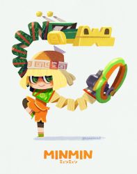 Rule 34 | 1girl, arms (game), artist name, blonde hair, character name, chibi, chinese clothes, full body, green eyes, hat, highres, min min (arms), short hair, simple background, smile, solo, twitter username