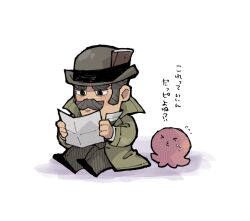 Rule 34 | 1boy, ace attorney, bowler hat, chibi, closed mouth, coat, facial hair, full body, green coat, grey pants, hat, holding, holding paper, long sleeves, male focus, mustache, octopus, old, old man, pants, paper, shirt, short hair, simple background, sitting, solo, the great ace attorney, tobias gregson, wahootarou, white background, white shirt