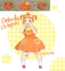 Rule 34 | 1girl, absurdres, bandaid, bandaid on knee, bandaid on leg, breasts, closed eyes, dress, frills, hair ornament, hands on own cheeks, hands on own face, highres, md5 mismatch, medium breasts, open mouth, orange dress, orange hair, original, personification, pinafore dress, plump, self-upload, short sleeves, short twintails, sleeveless dress, smile, spooky-dollie, standing, twintails, umbrella octopus