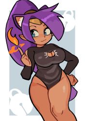 Rule 34 | 1girl, :3, absurdres, alternate costume, animal ears, bare legs, black leotard, blue eyes, breasts, cat cutout, cat ears, circlet, cleavage, cleavage cutout, clothing cutout, commentary, dark-skinned female, dark skin, english commentary, fire, hand on own hip, highres, kemonomimi mode, leotard, long hair, long sleeves, looking to the side, magic, medium breasts, pointy ears, ponytail, purple hair, shantae, shantae (series), solo, standing, very long hair, xeno (xenoglitch)