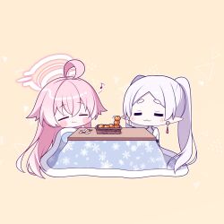 Rule 34 | 2girls, :3, = =, ahoge, blue archive, blush, closed eyes, closed mouth, crossover, earrings, eating, eighth note, food, frieren, fruit, grey hair, hair between eyes, halo, highres, hoshino (blue archive), jewelry, kotatsu, lanubis, long hair, mandarin orange, multiple girls, musical note, pink hair, pink halo, pointy ears, simple background, smile, sousou no frieren, table, two side up, yellow background