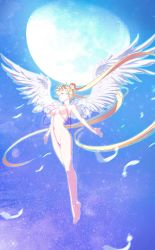 Rule 34 | 1990s (style), 1girl, angel wings, bishoujo senshi sailor moon, blonde hair, breasts, completely nude, crescent, crescent facial mark, crystal, detransformation, double bun, closed eyes, facial mark, feathers, forehead mark, full moon, highres, long hair, magical girl, moon, naked ribbon, nude, oldschool-girl, retro artstyle, ribbon, sailor moon, sky, solo, transformation, tsukino usagi, twintails, very long hair, wings