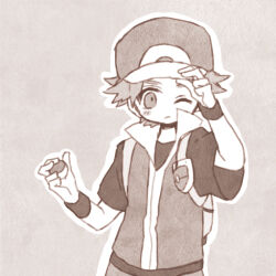 Rule 34 | 1boy, adjusting clothes, adjusting headwear, arm up, backpack, bag, baseball cap, commentary, creatures (company), expressionless, game freak, grey background, hands up, hat, high collar, holding, holding poke ball, jacket, male focus, mgomurainu, monochrome, nintendo, one eye closed, outline, poke ball, pokemon, pokemon frlg, red (pokemon), short hair, short sleeves, simple background, solo, standing, upper body, white outline, wristband