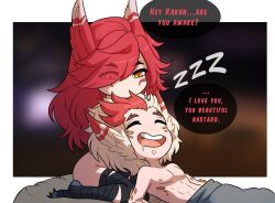 Rule 34 | 1boy, 1girl, :d, abs, animal ears, bird ears, black thighhighs, blonde hair, border, chibi, closed eyes, collarbone, drooling, english text, hair over one eye, kinkymation, league of legends, long hair, multicolored hair, navel, nude, open mouth, orange eyes, rakan (league of legends), red hair, sitting, slit pupils, smile, speech bubble, teeth, thighhighs, two-tone hair, upper teeth only, wariza, white border, xayah, zzz
