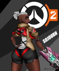 Rule 34 | ass, dark skin, from behind, highres, looking at viewer, overwatch, overwatch 1, sojourn (overwatch), solo, white hair