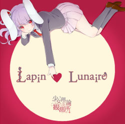 Rule 34 | 1girl, album cover, animal ears, blazer, circle name, cover, french text, full moon, index finger raised, jacket, loafers, long hair, looking at viewer, lying, moon, necktie, on stomach, purple hair, rabbit ears, red background, red eyes, red necktie, reisen udongein inaba, shoes, simple background, skirt, socks, solo, touhou, witoi (roa)