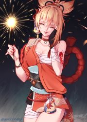 Rule 34 | 1girl, ^ ^, arm tattoo, bandaged arm, bandages, breasts, choker, cleavage, closed eyes, collarbone, commentary request, genshin impact, hair between eyes, hair ornament, hand on own cheek, hand on own face, highres, holding, holding fireworks, holding sparkler, japanese clothes, light brown hair, long hair, looking at viewer, oofxyphxia, ponytail, rope, sarashi, shimenawa, sidelocks, simple background, smile, solo, tattoo, wide sleeves, yoimiya (genshin impact)