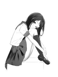 Rule 34 | 1girl, absurdres, closed mouth, commentary request, demonwarlock, full body, greyscale, highres, kneehighs, long hair, looking at viewer, monochrome, original, pleated skirt, sailor collar, school uniform, serafuku, shirt, shoes, short sleeves, sidelocks, simple background, sitting, skirt, socks, solo, white background