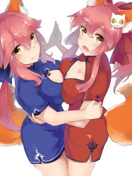 Rule 34 | 10s, 2girls, animal ears, blush, bow, breast press, breasts, china dress, chinese clothes, cleavage, cleavage cutout, clothing cutout, dress, dual persona, fang, fate/extra, fate/grand order, fate (series), fox ears, fox tail, hair bow, hair ribbon, highres, large breasts, long hair, looking at viewer, multiple girls, open mouth, pink hair, ribbon, side slit, simple background, symmetrical docking, tail, tamamo (fate), tamamo cat (fate), tamamo no mae (fate/extra), tentou mushi, white background, yellow eyes