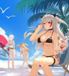 Rule 34 | 3girls, absurdres, admiral hipper (azur lane), ahoge, aoiro (t aoiro123), azur lane, bare arms, bare shoulders, beach chair, bent over, bikini, bird, black bikini, black choker, blonde hair, breasts, choker, cleavage, day, eating, food, fruit, hair ribbon, highres, holding, ice cream, jacket, kiwi (fruit), large breasts, long hair, looking at viewer, multicolored hair, multiple girls, navel, off shoulder, outdoors, palm tree, parfait, prinz eugen (azur lane), prinz eugen (unfading smile) (azur lane), red eyes, ribbon, short hair, side-tie bikini bottom, silver hair, sitting, smile, spoon, stomach, streaked hair, string bikini, summer, sunlight, swimsuit, thigh strap, thighs, tirpitz (azur lane), tirpitz (snow-melting summer) (azur lane), tree, tree shade, two side up, utensil in mouth, white jacket