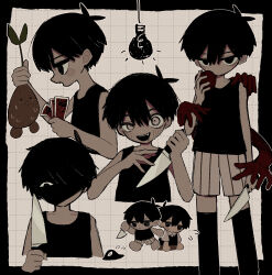 Rule 34 | 1other, 2boys, angry, antenna hair, apple, barefoot, black eyes, black hair, black socks, black sweater vest, black tank top, brown shorts, chibi, colored skin, dual persona, expressions, fang, flying sweatdrops, food, fruit, hair between eyes, happy, highres, holding, holding knife, holding ticket, knife, light bulb, looking at viewer, multiple boys, omori, omori (omori), open mouth, shirt, short hair, short sleeves, shorts, sleeveless, sleeveless shirt, socks, solo focus, sprout mole, striped clothes, striped shorts, sunny (omori), sweat, sweatdrop, sweater vest, tank top, ticket, user yprm7442, vertical-striped clothes, vertical-striped shorts, white eyes, white shorts, white skin