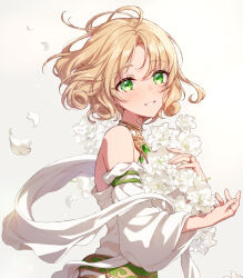 Rule 34 | 1girl, absurdres, antenna hair, bare shoulders, blonde hair, commentary request, detached sleeves, falling petals, flower, gem, green brooch, green eyes, green gemstone, highres, holding, holding flower, hououji fuu, jewelry, light blush, long sleeves, looking at viewer, magic knight rayearth, masami (souzou jinsei sanka), parted bangs, petals, ring, shawl, shirt, short hair, simple background, sleeveless, sleeveless shirt, smile, solo, upper body, white background, white flower, white petals, white shawl, white shirt