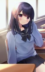 Rule 34 | 1girl, bad id, bad pixiv id, black bow, black hair, black sailor collar, black skirt, blue shirt, blurry, blurry foreground, blush, bow, chair, classroom, closed mouth, commentary request, depth of field, desk, hand up, highres, indoors, long hair, long sleeves, looking at viewer, minami saki, on chair, original, pleated skirt, purple eyes, sailor collar, school chair, school desk, school uniform, serafuku, shirt, sitting, skirt, smile, solo, window