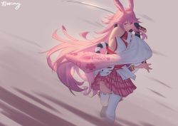 Rule 34 | 1girl, absurdres, artist name, bare shoulders, fox mask, highres, holding, holding sword, holding weapon, honkai (series), honkai impact 3rd, japanese clothes, katana, long hair, looking at viewer, mask, miko, pink background, pink hair, pink skirt, purple eyes, skirt, solo, sword, thighhighs, weapon, white sleeves, white thighhighs, yae sakura, yae sakura (gyakushinn miko), yjwong