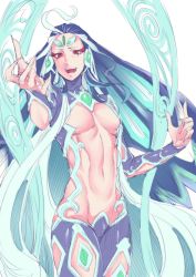 Rule 34 | 1boy, :d, ahoge, blue hair, eyeshadow, facial mark, fate/grand order, fate (series), forehead mark, hand up, highres, long hair, looking at viewer, makeup, male focus, nakamura regura, navel, open mouth, shi huang di (fate), red eyes, topless male, simple background, slit pupils, smile, solo, very long hair, white background