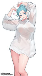 Rule 34 | 1girl, arms up, blue eyes, blue hair, breasts, closed mouth, fanbox username, heart, highres, jjune, large breasts, long sleeves, looking at viewer, original, patreon username, see-through, see-through shirt, shirt, short hair, smile, standing, thighs, white shirt