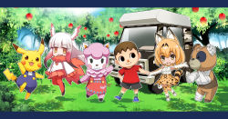 Rule 34 | 10s, 1boy, 2girls, :3, :d, animal crossing, animal ears, apple, bandages, bear, black eyes, black hair, blonde hair, car, character request, chibi, commentary request, creatures (company), crossover, elbow gloves, flying, food, forest, fruit, fur collar, furry, game freak, gen 1 pokemon, gloves, gradient hair, head wings, highres, holding hands, japanese crested ibis (kemono friends), kemono friends, long hair, looking at viewer, motor vehicle, multicolored hair, multiple crossover, multiple girls, nature, nintendo, nyoro (nyoronyoro000), open mouth, pantyhose, pikachu, pleated skirt, pokemon, pokemon (creature), red legwear, reese (animal crossing), serval (kemono friends), serval print, serval tail, sheep, short hair, skirt, smile, suspenders, tail, thighhighs, tree, villager (animal crossing), white hair, wings, yellow eyes, zettai ryouiki