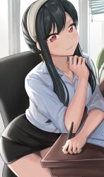 Rule 34 | 1girl, black hair, black skirt, blush, chair, closed mouth, desk, dress shirt, earrings, elbow rest, eru (aeeu2243), frown, hairband, half-closed eyes, highres, holding, holding pen, indoors, jewelry, long sleeves, looking at viewer, miniskirt, office chair, office lady, pen, pencil skirt, red eyes, shirt, sidelocks, sitting, skirt, sleeves rolled up, solo, spy x family, swivel chair, white hairband, white shirt, window, yor briar