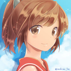 Rule 34 | 10s, 1girl, brown eyes, brown hair, cloud, cloudy sky, dark-skinned female, dark skin, day, from side, hair ribbon, i-401 (kancolle), iwanaga tm, kantai collection, light smile, looking at viewer, outdoors, ponytail, portrait, ribbon, sailor collar, short ponytail, sky, solo, sparkle, swept bangs