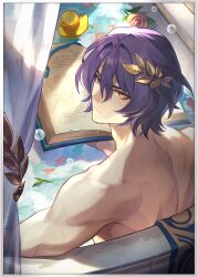 1boy back bath bathing book border curtains dr._ratio_(honkai:_star_rail) eyeshadow flower from_above highres holding holding_book honkai:_star_rail honkai_(series) laurel_crown leaf looking_at_viewer makeup male_focus nude official_art open_book orange_eyeshadow pink_flower pink_rose purple_hair rose rubber_duck short_hair solo third-party_source toned toned_male water white_border yellow_eyes