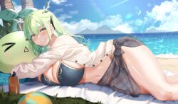 Rule 34 | &gt; &lt;, 1girl, antlers, beach, beach towel, bikini, bird, black bikini, blue sky, blush, bottle, breasts, cardigan, ceres fauna, cleavage, cloud, day, grass, green hair, grin, hair between eyes, hair ribbon, highres, hololive, hololive english, horns, large breasts, leaf, looking at viewer, lotion, lying, mixed-language commentary, mountainous horizon, navel, ocean, on side, outdoors, palm tree, ribbon, sapling (ceres fauna), sarong, seagull, see-through, sky, smile, solo, sunscreen, swimsuit, thighs, tnolize, towel, tree, virtual youtuber, white bird, white cardigan