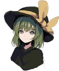 Rule 34 | 1girl, absurdres, black hat, bow, bright pupils, closed mouth, commentary, cropped torso, green eyes, green hair, green shirt, hair between eyes, hat, hat bow, highres, komeiji koishi, looking at viewer, medium hair, neetsr, one-hour drawing challenge, portrait, shirt, simple background, sketch, smile, solo, touhou, white background, white pupils, yellow bow