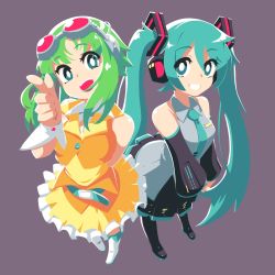 Rule 34 | 2girls, aqua eyes, aqua hair, aqua necktie, arm behind back, bare arms, bare shoulders, belt, black skirt, black sleeves, black thighhighs, boots, commentary, detached sleeves, english commentary, finger gun, foreshortening, frilled skirt, frills, from above, goggles, goggles on head, green hair, grey shirt, grin, gumi, hair ornament, hatsune miku, headphones, highres, john su, long hair, looking at viewer, miniskirt, multiple girls, necktie, open mouth, orange shirt, orange skirt, own hands together, pleated skirt, red goggles, shirt, skirt, sleeveless, sleeveless shirt, smile, standing, thighhighs, twintails, very long hair, vocaloid, white footwear, wrist cuffs