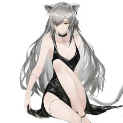 Rule 34 | 1girl, absurdres, animal ears, arknights, bare arms, bare shoulders, black choker, black dress, breasts, brown eyes, cat ears, cat tail, choker, commentary, dress, hair over one eye, highres, knee up, long hair, looking at viewer, schwarz (arknights), shidai, silver hair, simple background, sitting, sleeveless, sleeveless dress, small breasts, solo, spaghetti strap, tail, thighs, very long hair, white background