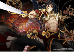 Rule 34 | 1boy, abs, armor, black hair, clenched teeth, copyright name, gaius (tales), male focus, manly, midriff, muscular, official alternate costume, pants, red eyes, solo, starshadowmagician, sword, tales of (series), tales of xillia, teeth, weapon