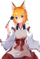 Rule 34 | 1girl, animal ear fluff, animal ears, apron, blush, brown apron, brown eyes, closed mouth, commentary request, flower, fox ears, hair between eyes, hair flower, hair ornament, hakama, hakama skirt, head tilt, highres, holding, japanese clothes, kimono, ladle, long sleeves, miko, orange hair, red flower, red hakama, ribbon-trimmed sleeves, ribbon trim, senko (sewayaki kitsune no senko-san), sewayaki kitsune no senko-san, simple background, skirt, sleeves past fingers, sleeves past wrists, smile, solo, suisen-21, white background, white kimono, wide sleeves