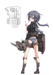 Rule 34 | 1girl, anchor symbol, ass, belt, black serafuku, blue hair, blue panties, boots, bottomless, brown eyes, cannon, crossed arms, from behind, full body, hair ornament, hairclip, highres, ikazuchi (warship girls r), long hair, looking at viewer, looking back, low twintails, machinery, no pants, official art, panties, pointing, pout, remodel (warship girls r), school uniform, serafuku, short sleeves, simple background, solo, standing, stmast, thigh strap, torpedo, turret, twintails, underwear, warship girls r, white background